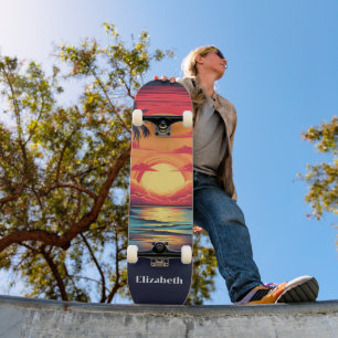 Retro Vintage Tropical Sunset Custom Name Skateboard
