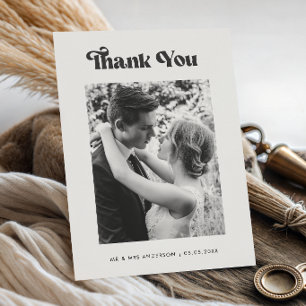 Retro Vintage Typography Black White Photo Wedding Thank You Card