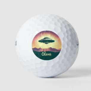 Retro Vintage UFO at Sunset Personalized Golf Balls