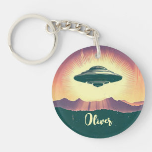 Retro Vintage UFO at Sunset Personalized Keychain