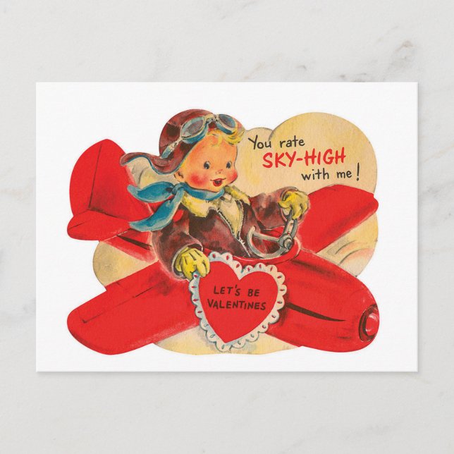 Retro Vintage Valentine boy airplane postcard (Front)