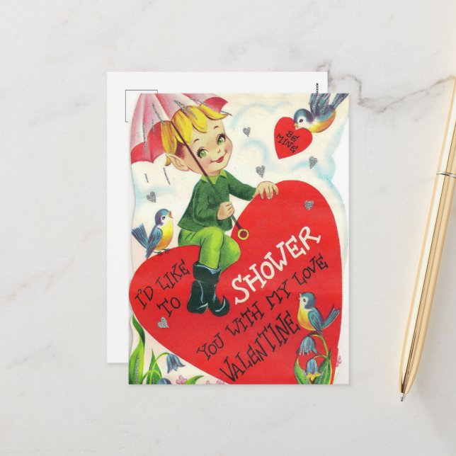 retro vintage Valentine boy Holiday Postcard (Front/Back In Situ)