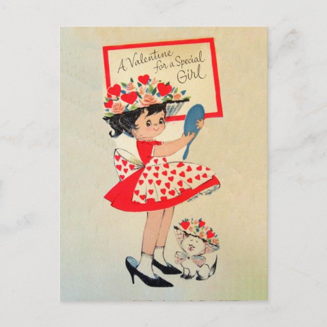 Retro Vintage Valentine girls postcard (Front)