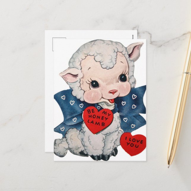 Retro vintage Valentine lamb  Holiday Postcard (Front/Back In Situ)