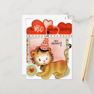 retro vintage Valentine lion Holiday Postcard
