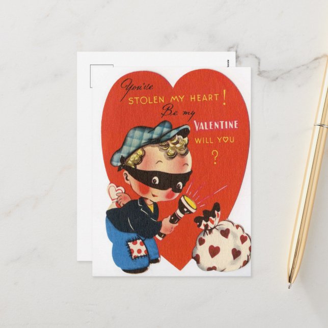 retro vintage Valentine robber Holiday Postcard (Front/Back In Situ)