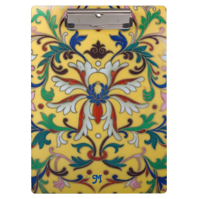 Retro Vintage Yellow Floral Botanical Monogrammed Clipboard (Front)