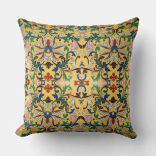 Retro Vintage Yellow Floral Minton Tile Botanical Throw Pillow