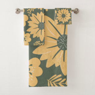 Retro Vintage Yellow Green Floral  Bath Towel Set