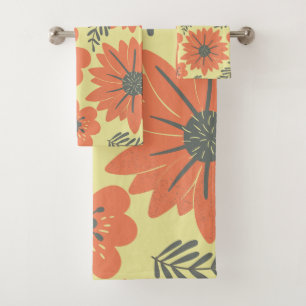 Retro Vintage Yellow Orange Black Floral Bath Towel Set