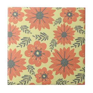 Retro Vintage Yellow Orange Green Floral Tile