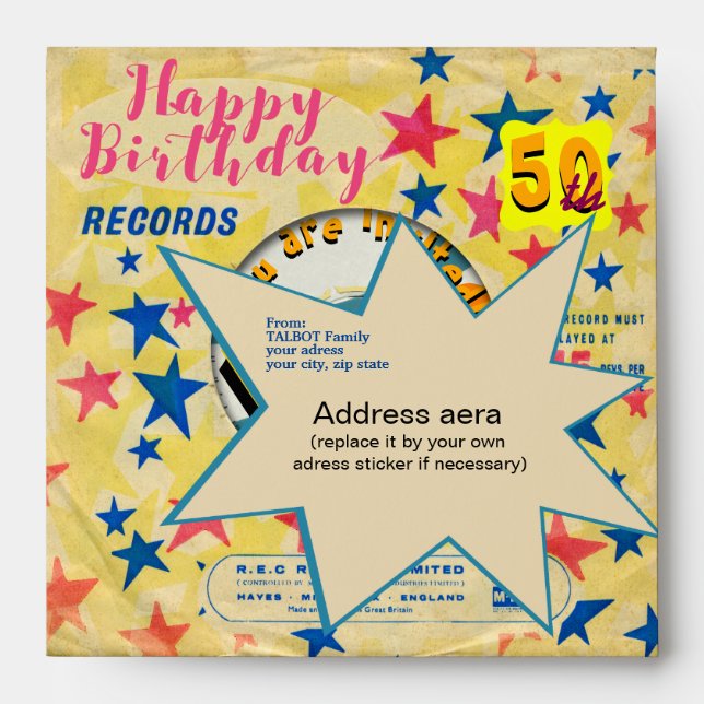 Retro Vinyl 50th Birthday Party Square E Envelope (Front)