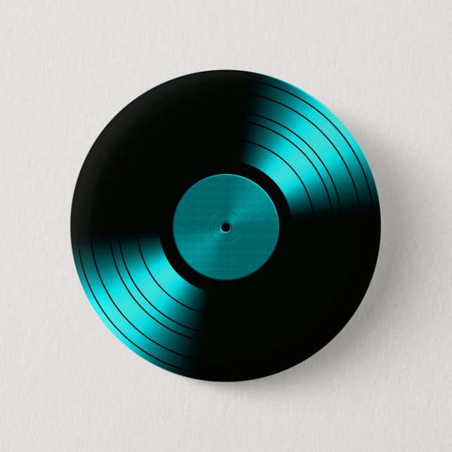 Retro Vinyl Record Album in Teal 2 Inch Round Button (Front)