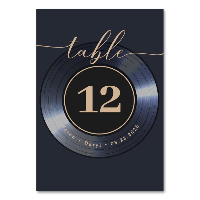 Retro Vinyl Record Black Wedding  Table Number (Front)