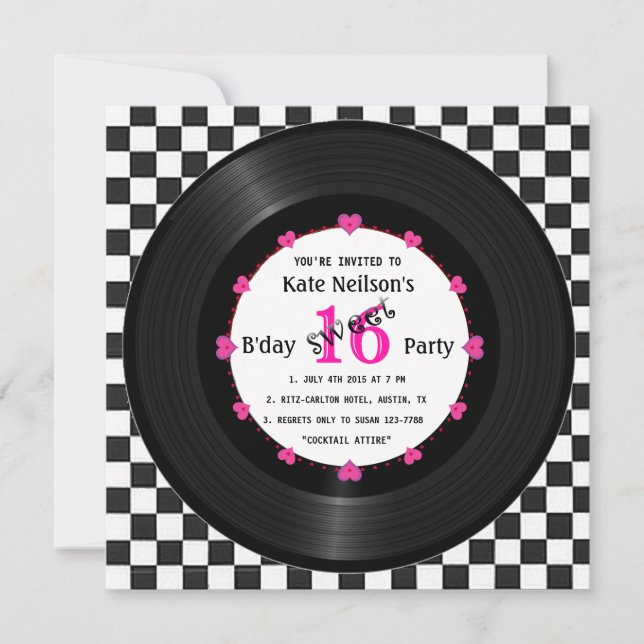 Retro Vinyl Record l Modern Sweet 16 B'day Invitation (Front)