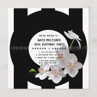 Retro Vinyl Record Modern Orchids Birthday Invites