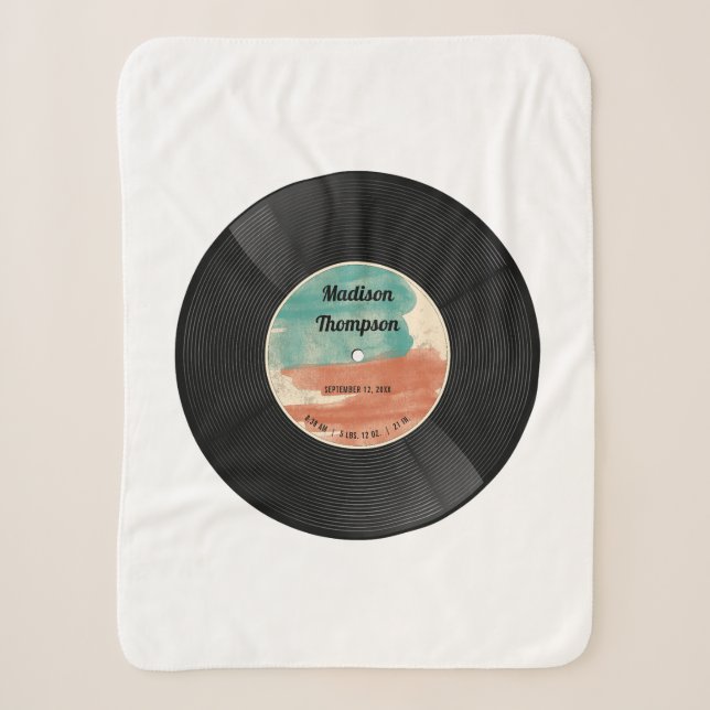 Retro Vinyl Record Music Baby Birth Record Stats Sherpa Blanket (Front)