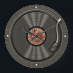 Retro Vinyl Record Music Wall Clock<br><div class="desc">A complete photoshop creation,  this old school vinyl LP record on a turntable is ideal for those that cherish the record player sounds of yesteryear. This fun vintage album design clock will make a great little gift for anyone of any age,  musicians,  record collectors,  DJ's,  they'll all love it!</div>
