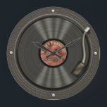 Retro Vinyl Record Music Wall Clock<br><div class="desc">A complete photoshop creation,  this old school vinyl LP record on a turntable is ideal for those that cherish the record player sounds of yesteryear. This fun vintage album design clock will make a great little gift for anyone of any age,  musicians,  record collectors,  DJ's,  they'll all love it!</div>