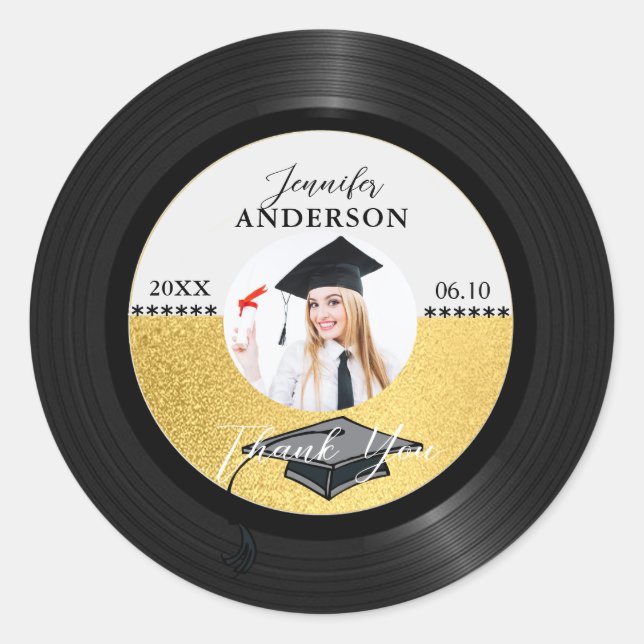 Retro Vinyl Record Photo Graduation Thank You Classic Round Sticker (Front)