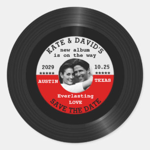 Retro Vinyl Record Photo Save The Date Template Classic Round Sticker