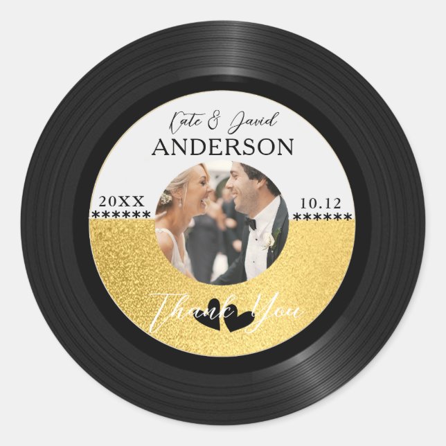 Retro Vinyl Record Photo Wedding Favour Thank You Classic Round Sticker (Front)