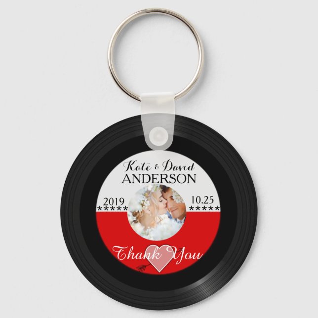 Retro Vinyl Record Photo Wedding Favour Thank You Keychain (Front)