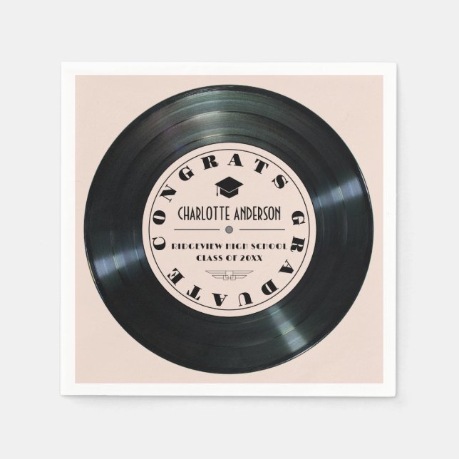 Retro Vinyl Record Pink Graduation Napkin (Front)