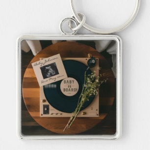 Retro Vinyl Record Player Pregnancy Announcement  Keychain