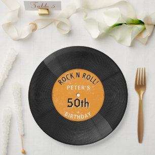 Retro Vinyl Record Rock N Roll Orange Birthday Paper Plate