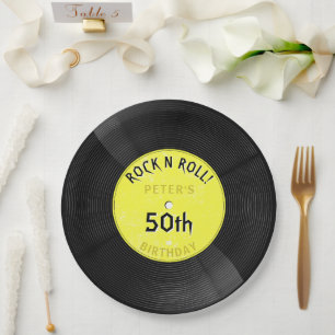 Retro Vinyl Record Rock N Roll Yellow Birthday Paper Plate