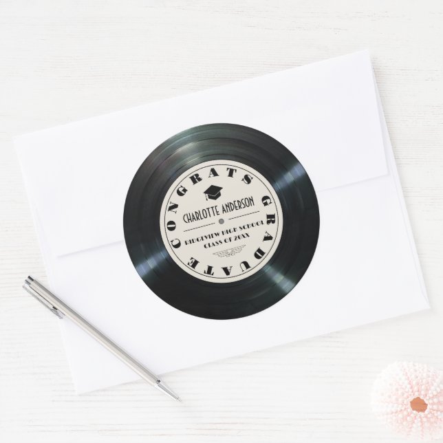 Retro Vinyl Record Tan Graduation Classic Round Sticker (Envelope)