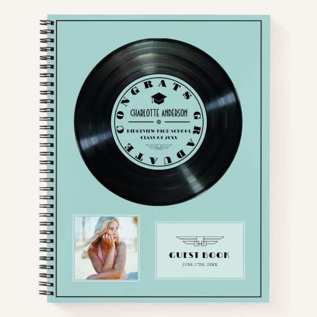 Retro Vinyl Record Turquoise Graduation Guest Book (Front)