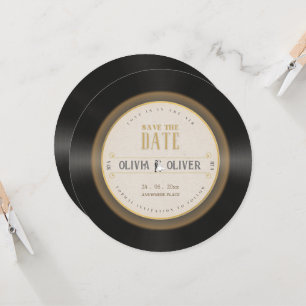 Retro vinyl record wedding save the date invitation