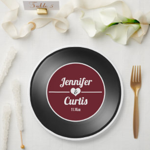 Retro Vinyl Record Wine Red Wedding Party Paper Plate