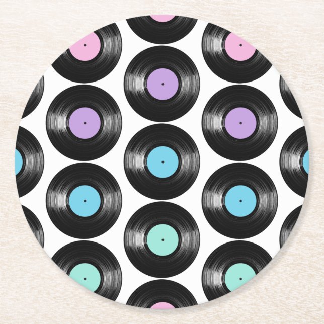 Retro Vinyl Records Colourful Pattern Design Round Paper Coaster (Front)