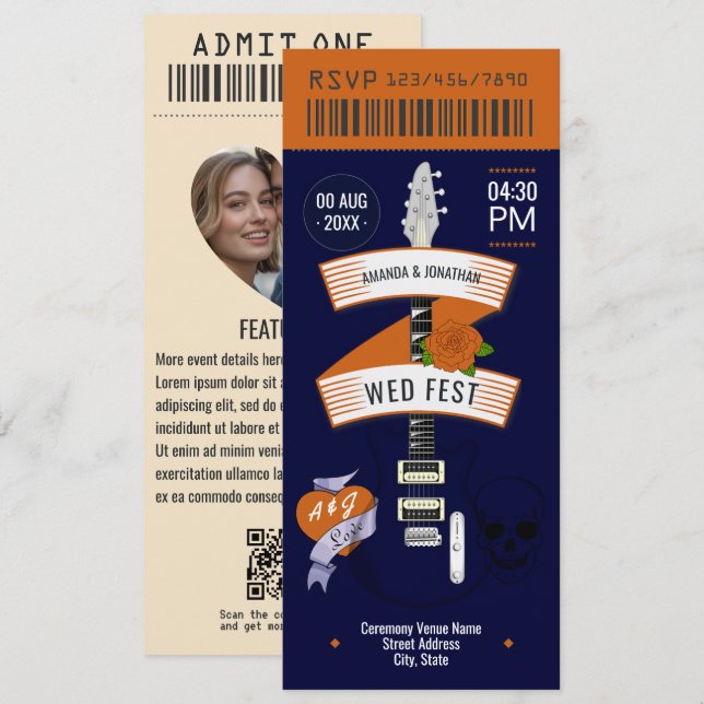 Retro Vinyl Rock ’n’ Roll Wedding Ticket Invitation (Front/Back)