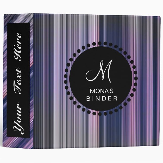 Retro Violet Blue Striped Personalize Monogram Binder (Front/Spine)