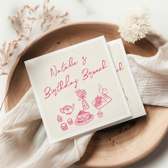 Retro Vivid Pink Hand Drawn Fun Birthday Brunch  Napkin (Creator Uploaded)