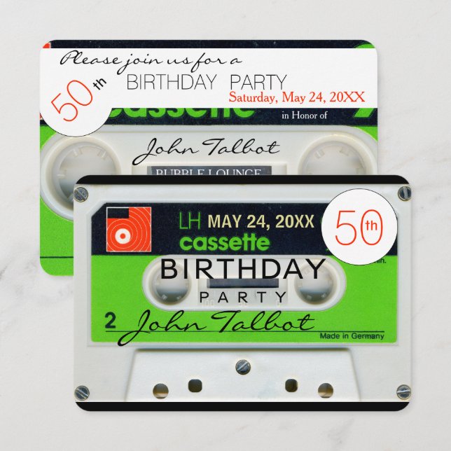 Retro W Cassette Tape 50th birthday Party Inv Invitation (Front/Back)