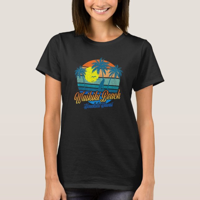 Retro Waikiki Beach Honolulu Hawaii Summer Beach V T-Shirt (Front)