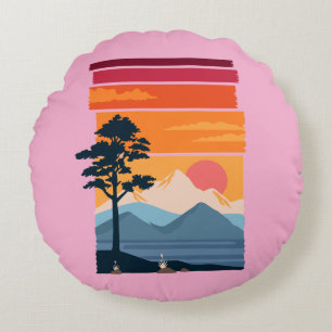 Retro Wanderlust Sunset Mountain Nature’s Beauty Round Pillow