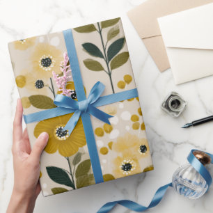 Retro Warm Tone Flower Mustard Floral Pattern Wrapping Paper