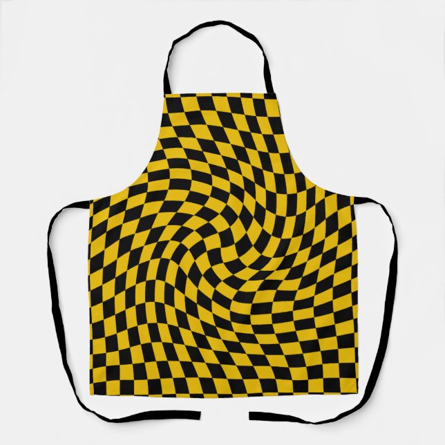 Retro Warped Black Yellow Checks Chequered  Apron (Front)