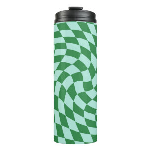 Retro Warped Blue Green Checks Chequered   Thermal Tumbler