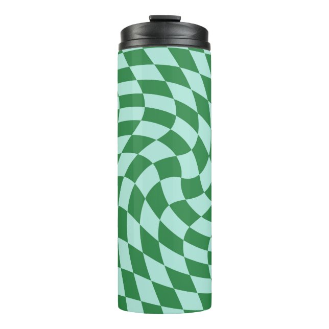 Retro Warped Blue Green Checks Chequered   Thermal Tumbler (Front)