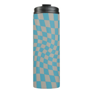 Retro Warped Grey Blue Check Checks Chequered  Thermal Tumbler