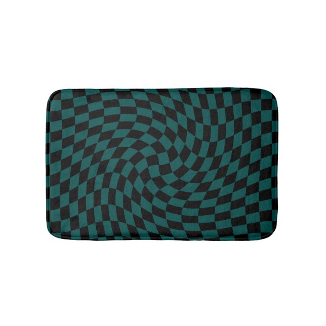 Retro Warped Jungle Green Black Checks Chequered   Bath Mat (Front)