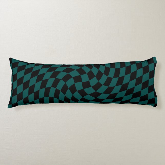 Retro Warped Jungle Green Black Checks Chequered  Body Pillow (Front)