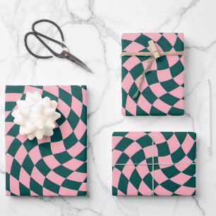 Retro Warped Jungle Green Pink Checks Checkered Wrapping Paper Sheet